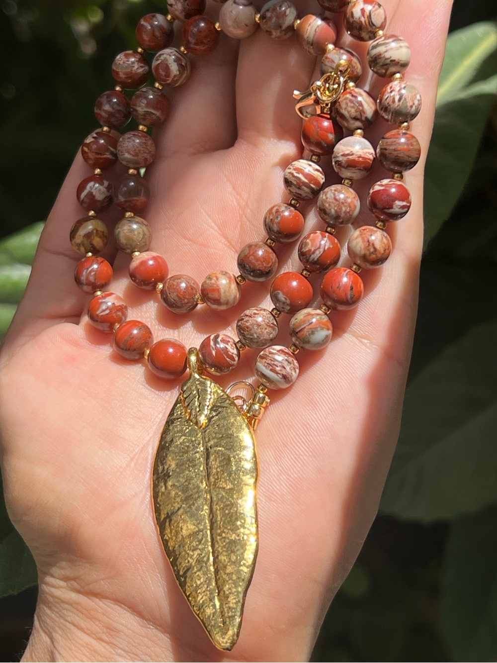 Handcrafted Red Jasper Bead Necklace w/ Gold Dipped Leaf Pendant